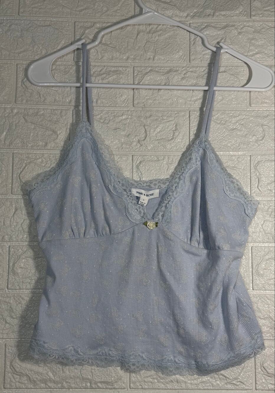 Pink Rose Women’s Large Blue Teddy Bear Print Lace Trim Pajama Cami NWT